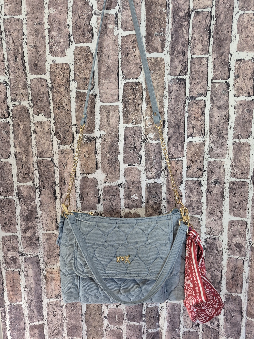 Betsey Johnson Denim Quilted Heart Crossbody Bag XOX With Bandana - Picture 2 of 16